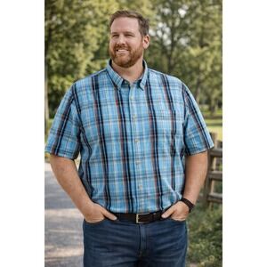 Duluth Trading Co 2XL Tall Blue‎ Plaid Shirt Mens Short Sleeve Big Tall Cotton